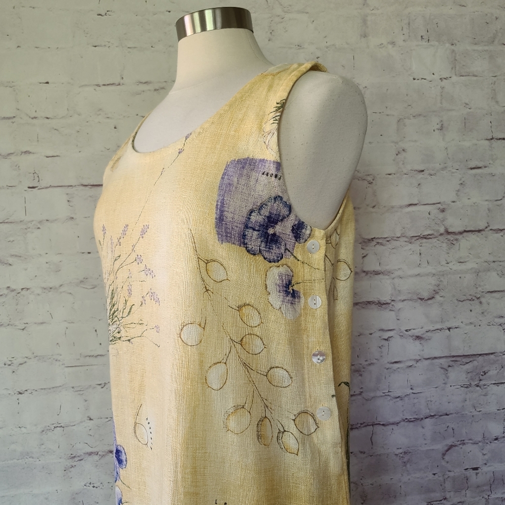 Vintage Sweet Jessie Yellow Botanical Print 100% Linen Tank Maxi Dress Medium - Picture 3 of 10